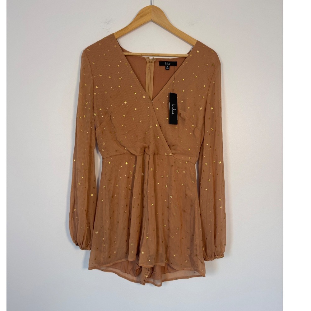 Celestial Lulus NWT Women Med Romper Brown Gold Star Foil Pleated Balloon Sleeve
